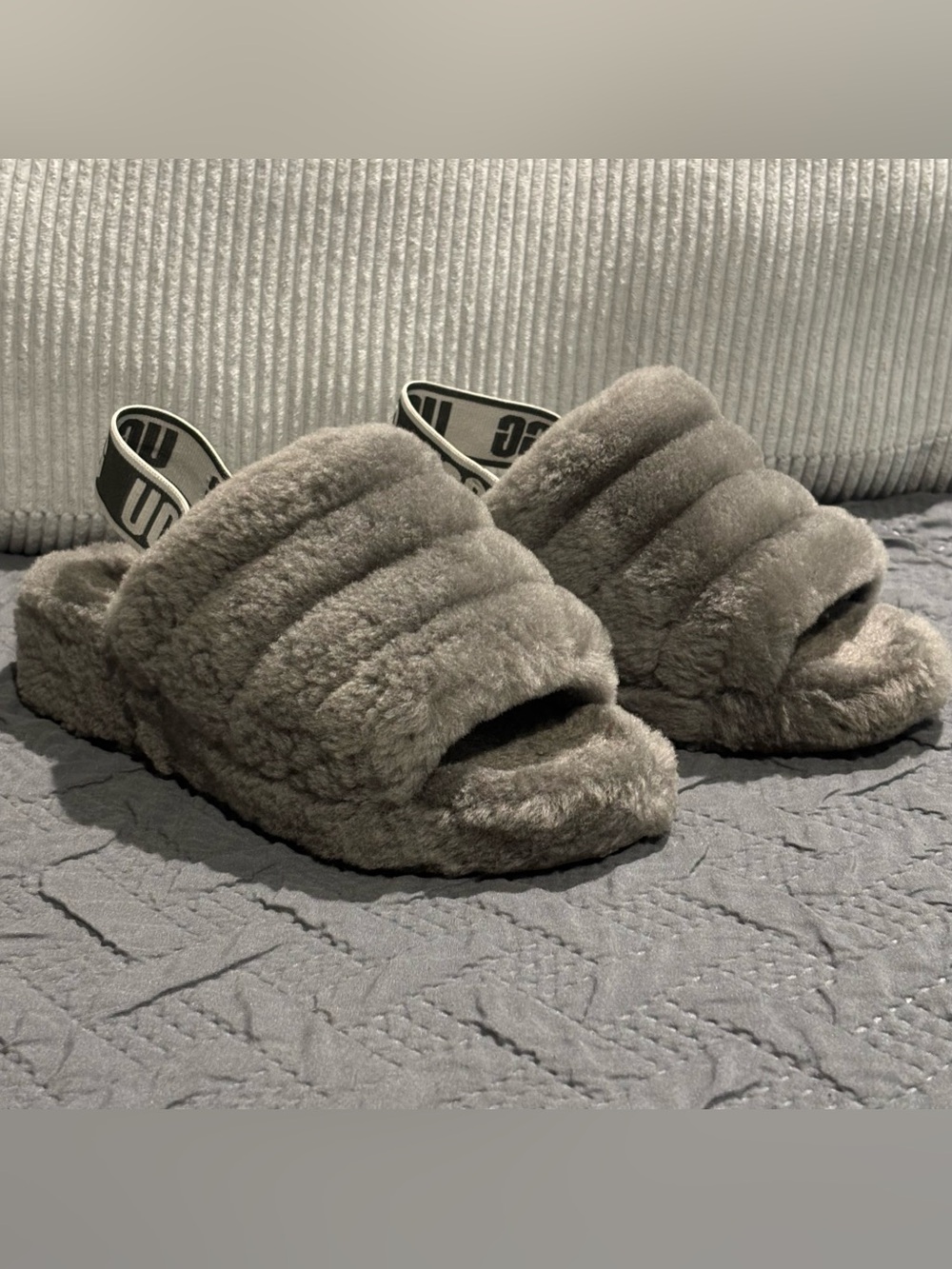 UGG Gray Fluff Yeah Slide with Branded Heel Strap